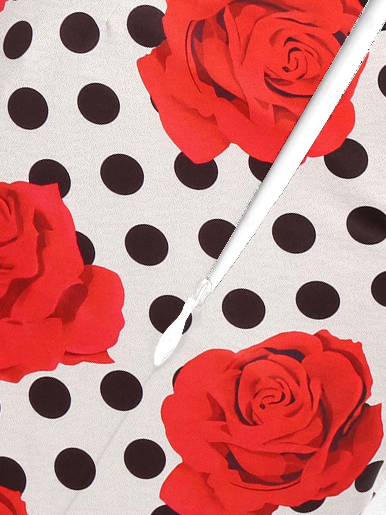 Vintage Cocktail Dress Cap Sleeve 1950s Retro Pencil Dress Wear to Work Dresses for Women Summer Hot Fashion Dress Polka Dot Rose Print Square Neck Short Sleeve Bodycon Dress