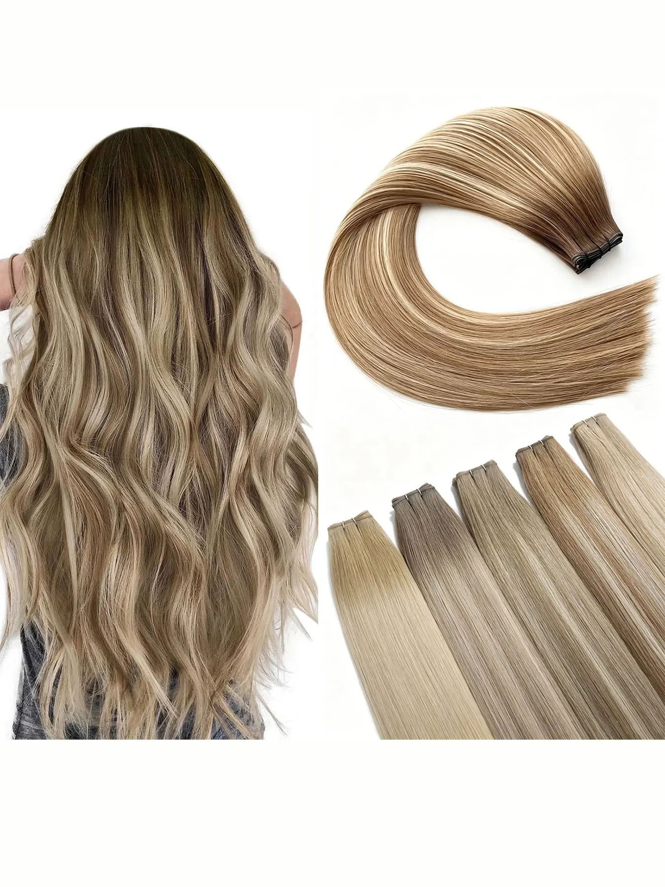 【Genius Weft】Timia New Genius Weft Hand Tied Human Hair Extension 50g 16inch-28inch Ombre Balayage Chocolate Light Dark Brown Ash Highlight Blench Honey Blonde Invisible DIY Cuttable Sew In Virgin Remy Silky Soft Hair For Wedding Party Festival Daily Use