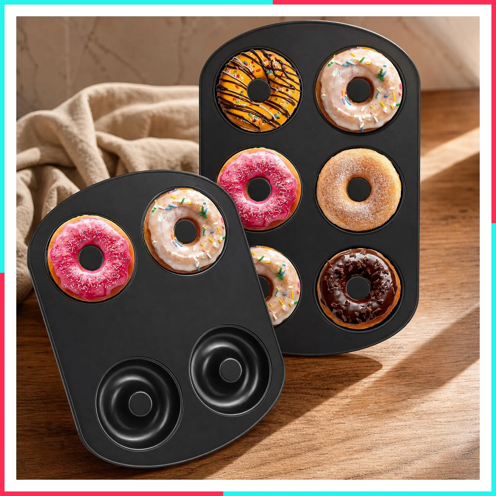 Nonstick Donut Pans for Baking, 6-Cavity Durable & Easy-Clean Doughnut Molds, Fits Full-Sized Doughnuts, Oven Safe to 450°F, Perfect for Donuts & Bagels, 12.5 x 8.5 Inch Trays, 2 Pack