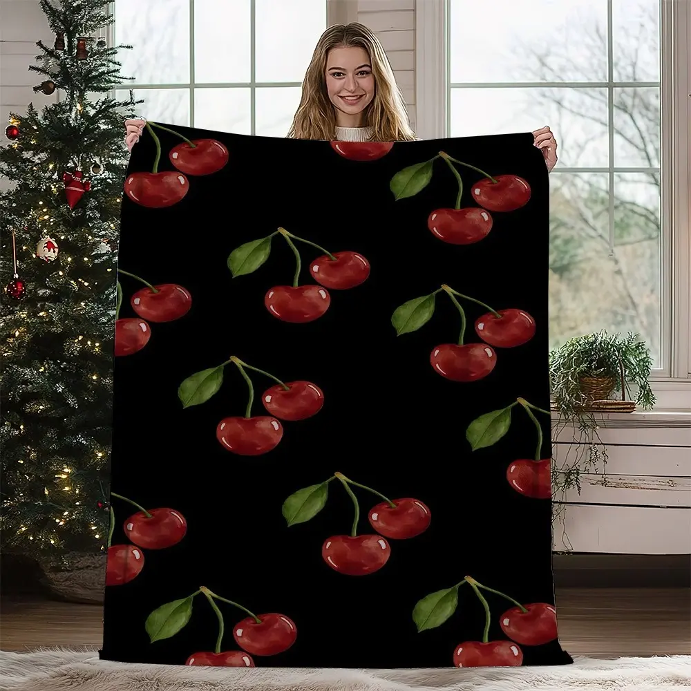 1PC  Cherry Pattern Throw Blanket Soft Cozy Lightweight Home Decor Bed Sofa Blanket for Relaxation and Warmth Flannel blanket, throw blanket, extra-large blanket, cartoon printed blanket