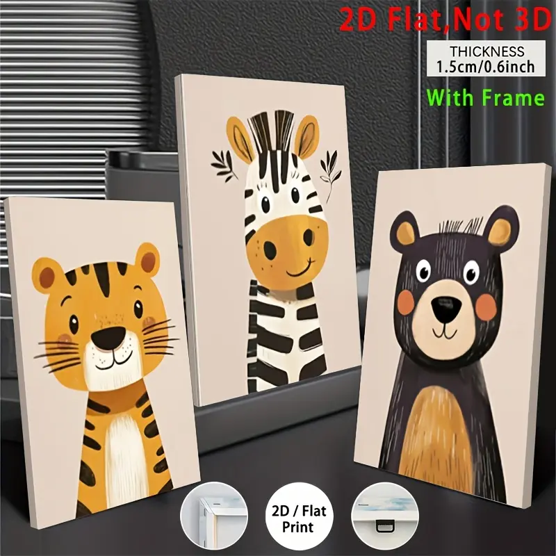 3pcs, 2D flat, room decoration painting, wall decoration, framed, wildlife nursery print: jungle-themed wall art, suitable for living room, bedroom, kitchen, hallway - ideal home decoration gift, wall decoration