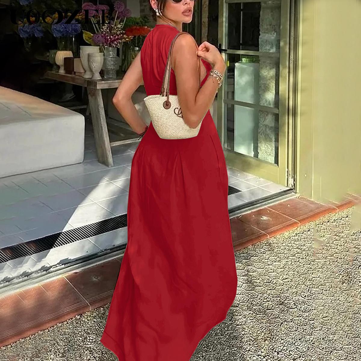 UOOZEE Women's Summer Casual Elegant A-line Loose Pleated Pockets Zipper Round Neck Long Minimalist Dress. Smaller Bust Fit One Size Up Recommended for C - Cup Above & smaller bust can order a normal size. Multiple colors, Sleeveless Womenswear Check