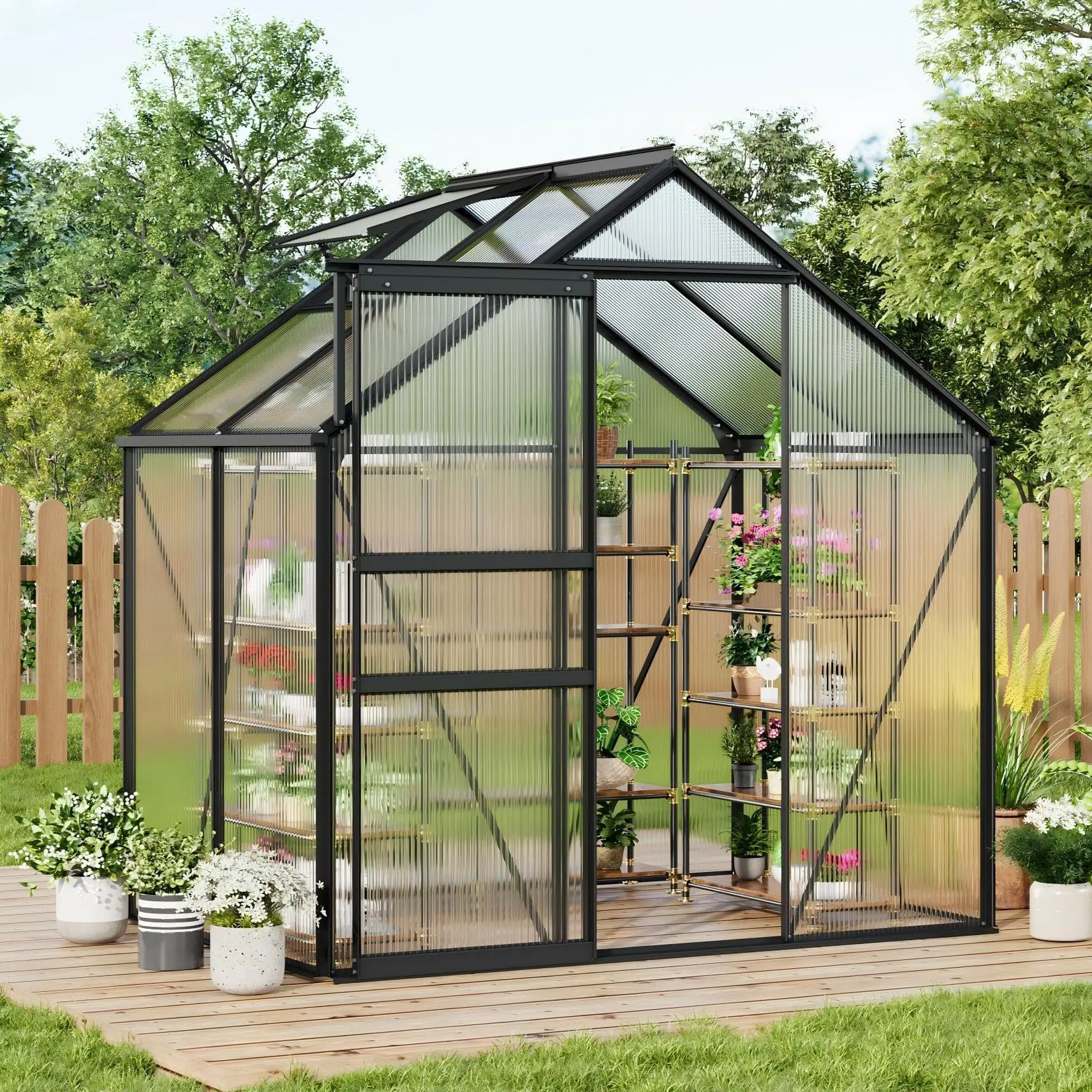 6x4 ft Greenhouse for Outside, Polycarbonate Walk-in Outdoor Greenhouse with Aluminum Frame, Sliding Door & Adjustable Roof Vent for Backyard, Garden Planting, Patio, Black/Silver