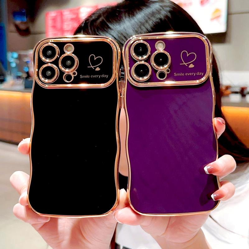 OREKROY [FreeShip] Cute Wave Shape with Love Heart Raised Camera Protection Phone case For iPhone 16 15 14 13 1211 Pro Max Accessories Durable Silicone Shiny Silicone Shiny Wavy
