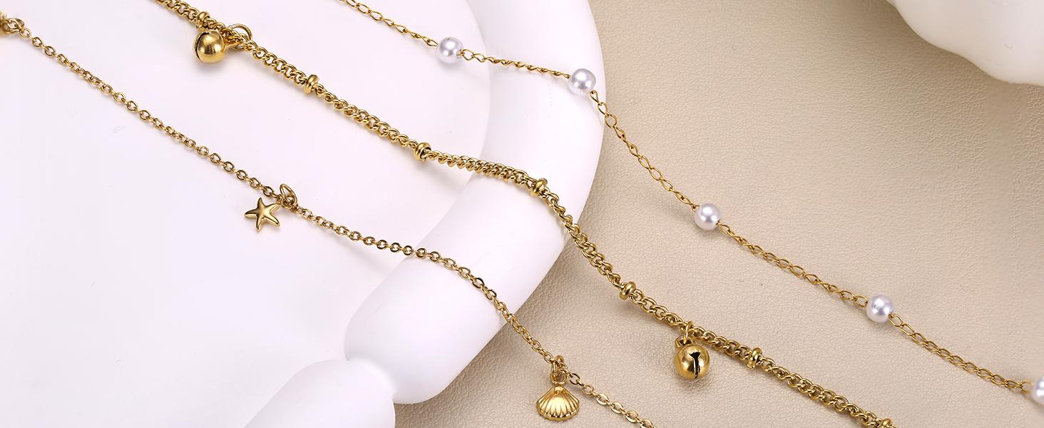 Sanfenly Gold Belly Chains Waist Chains for Women of adult Waterproof Stainless Steel Pearl Beaded Seashell Starfish Body Chain Belly Necklace Bracelet Stomach Jewelry Chain 26"-43" beads