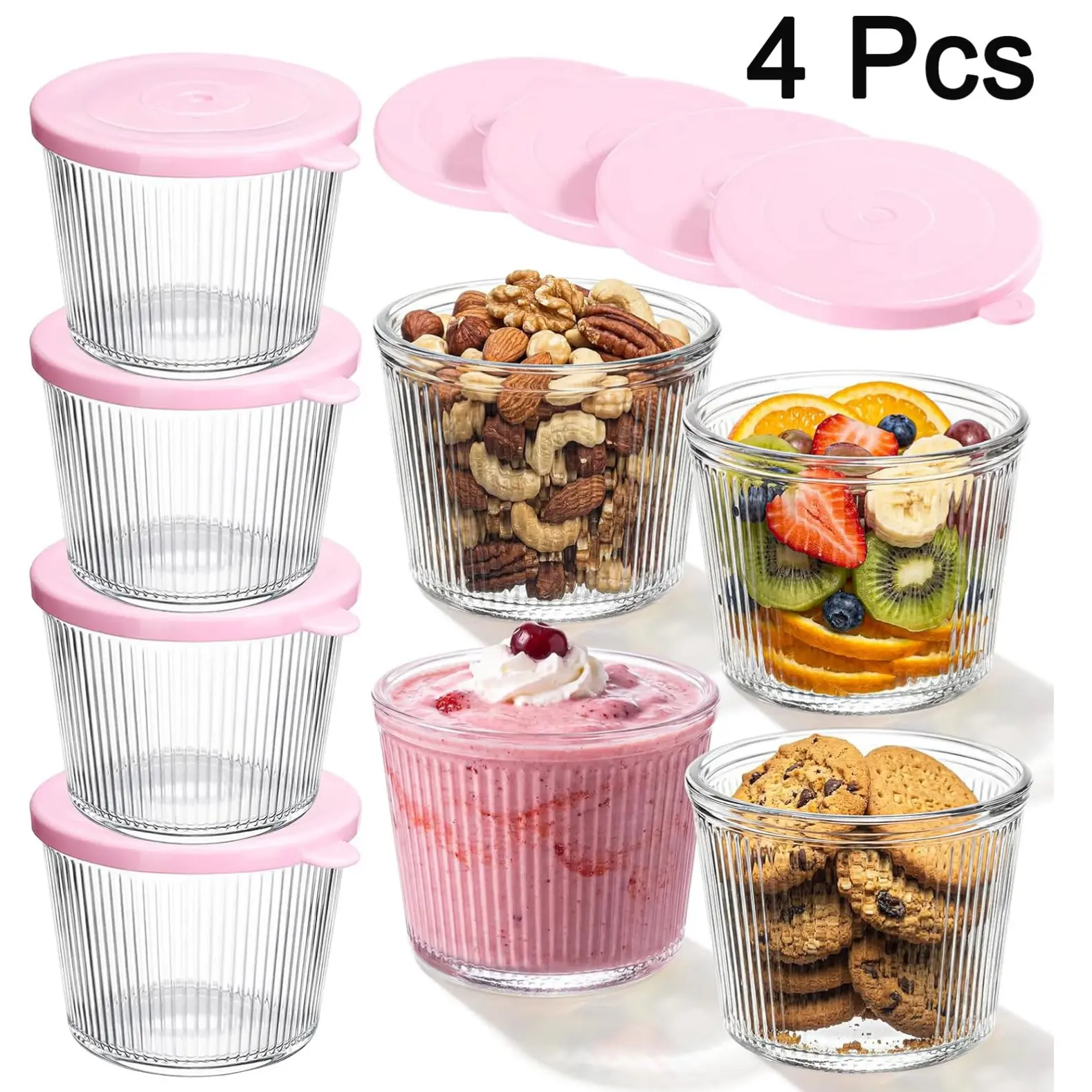 4 Pcs Small Glass Bowls with Pink Lids, Overnight Oatmeal Cups, Glass Mixing Bowls, and Clear Ribbed Glass Dessert Containers, Stackable and Perfect for Serving Sauces, Dips, Nuts, Oatmeal, Desserts, Cereal, and Overnight Oatmeal.