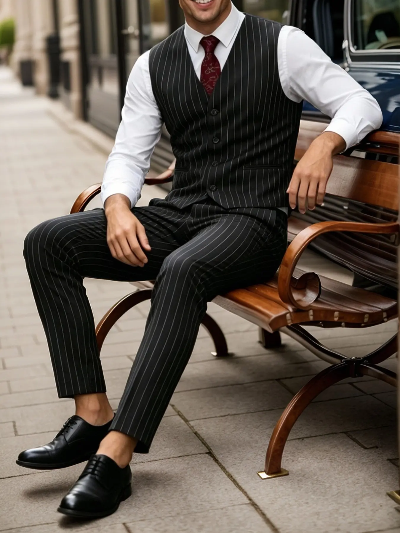 Men's Fashion Single Button Sleeveless Blazer Vest and Pants Set, Slim Fit, Striped, British Vintage Business Style, Casual and Formal Wear