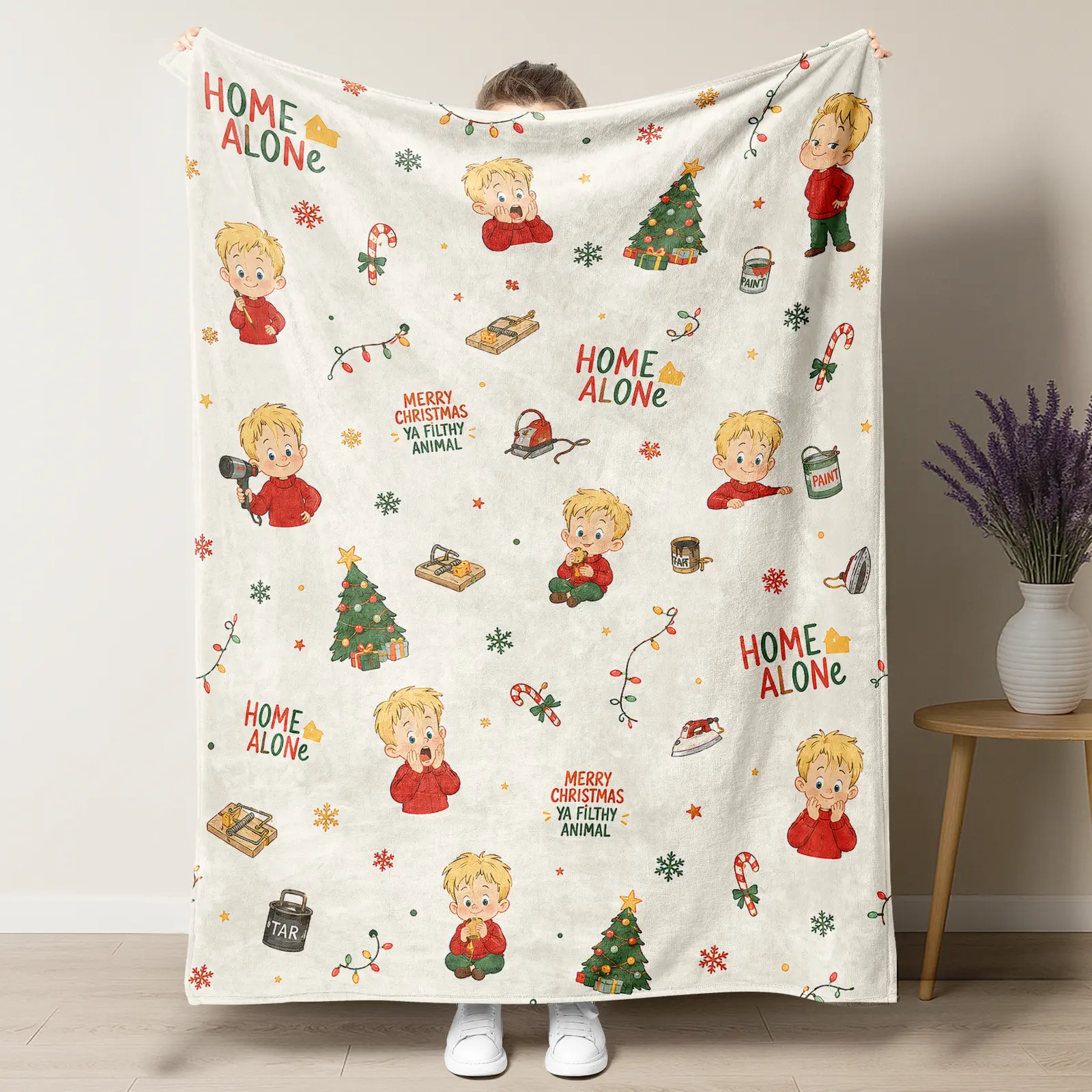Cartoon Kevin Christmas Fleece Blanket,Festive Snowflake Xmas Tree Print Holiday Throw,Comfortable Couch Bed Blanket For Christmas Decoration,Unique Christmas Gift For Family Movie Lovers, Cozy Warm Home Essentials,Back To School,College Dorm Haul