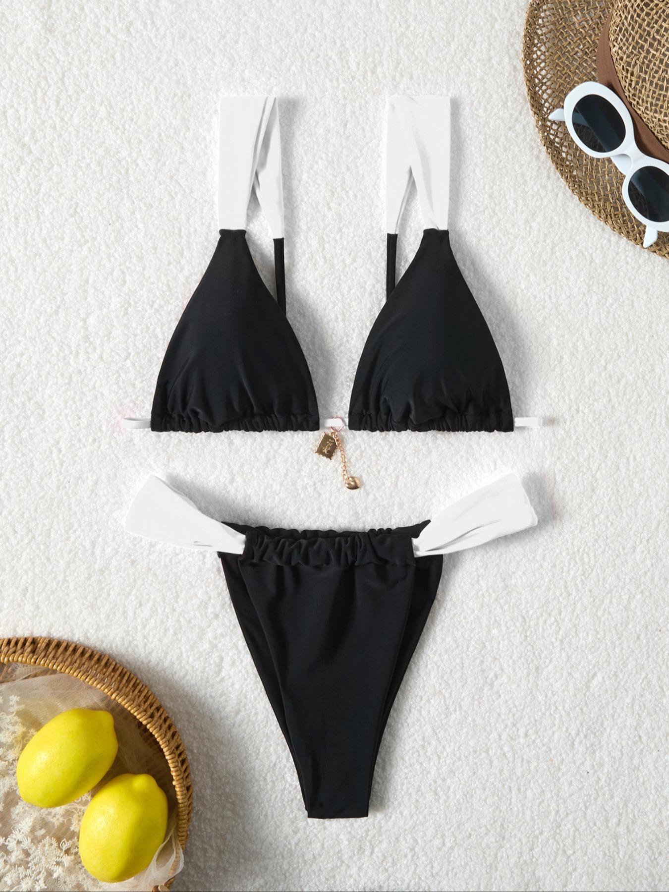 Two-Piece Set Women's Colorblock Bikini Set, Casual Fashion Chic Swimsuit Set for Beach Holiday Vacation, Ladies Swimwear for All Seasons, Triangle Bikini Top, Triangle Bathing Suit