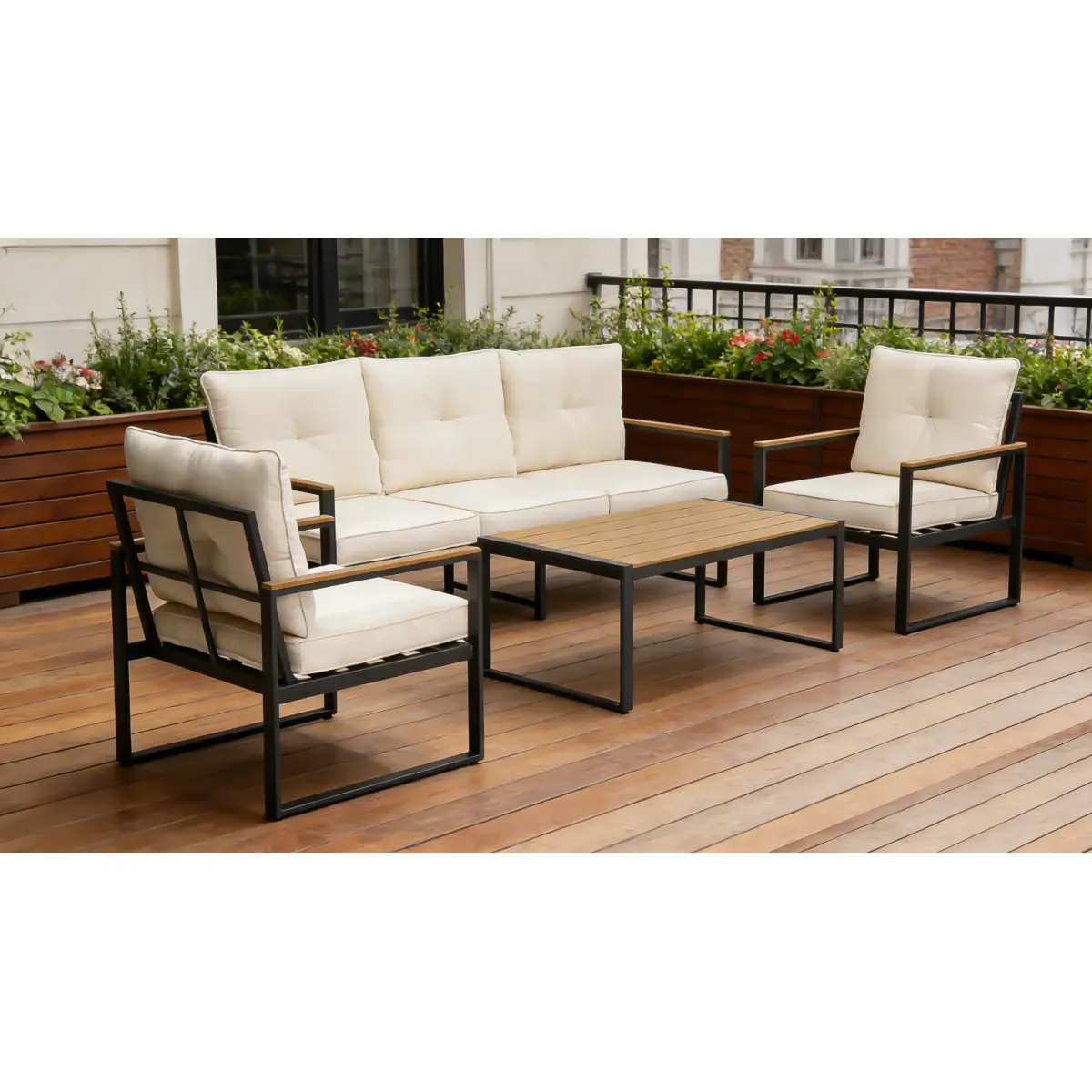 Steel Outdoor Patio Furniture Set, Oversized Patio Conversation Sets with Deep Seating and Wide Armrest, Outdoor Sectional Metal Sofa with 4 Inch Beige Cushion and Coffee Table, 5-Seater for Garden