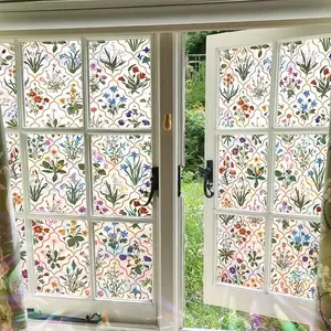 Colorful Vintage Floral Glass Film, PVC Static Adhesive Privacy Window Sticker, Removable Home Decor for Bedroom Living Room Kitchen