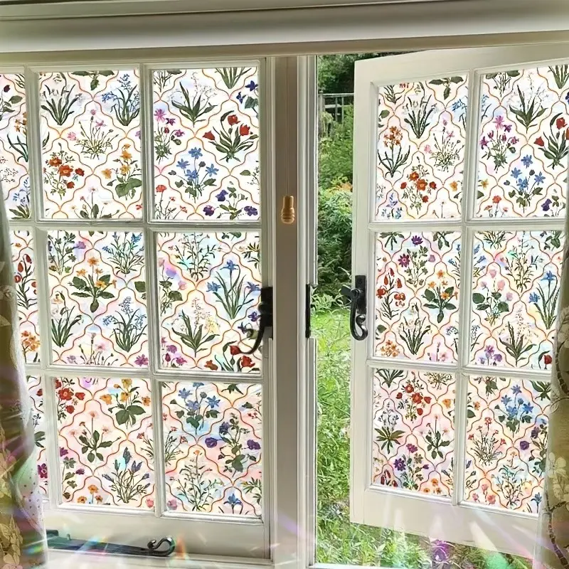 Colorful Vintage Floral Glass Film, PVC Static Adhesive Privacy Window Sticker, Removable Home Decor for Bedroom Living Room Kitchen