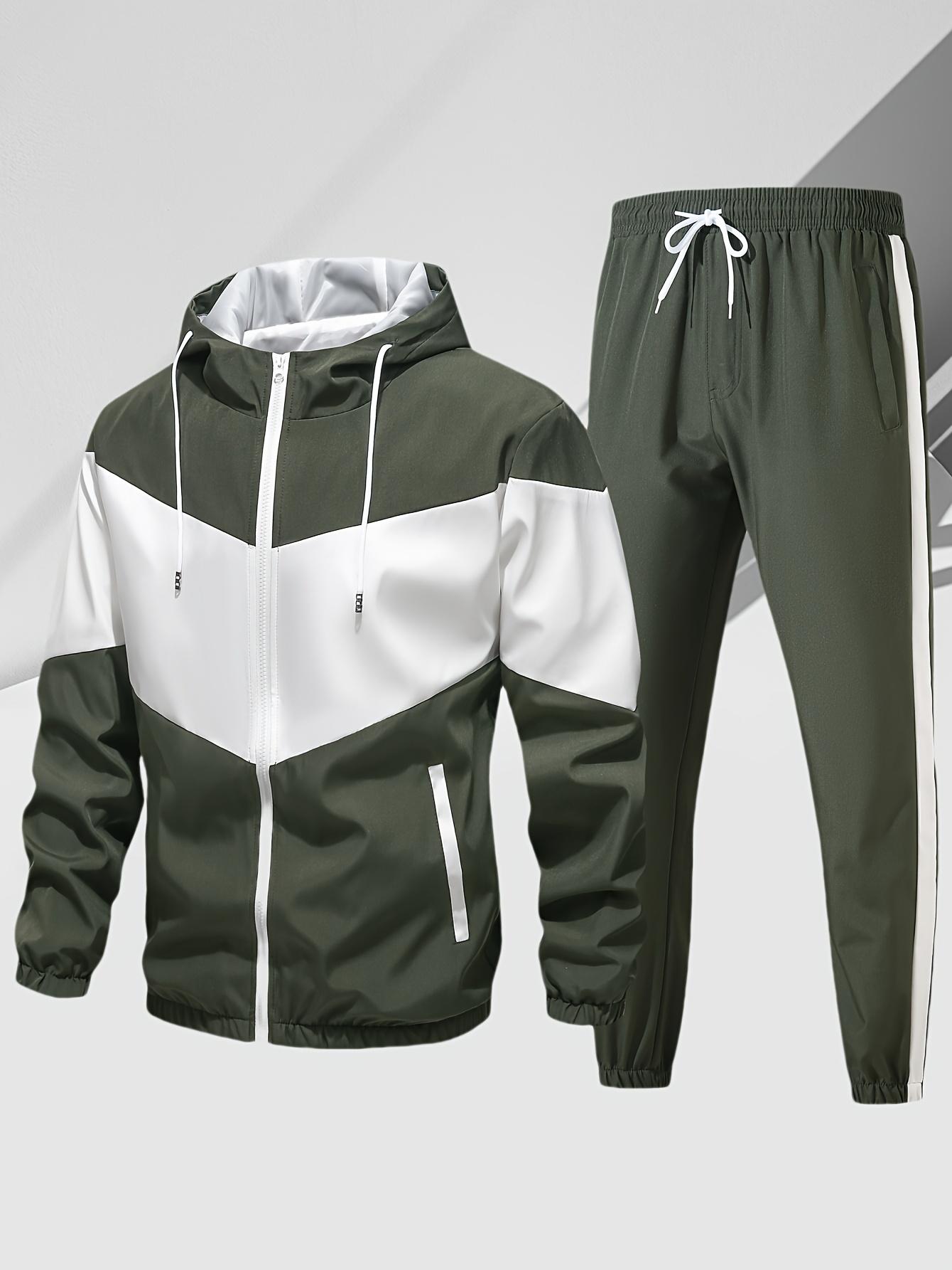Men's casual two-piece set, stylish contrasting zipper hooded jacket, breathable solid color drawstring pants