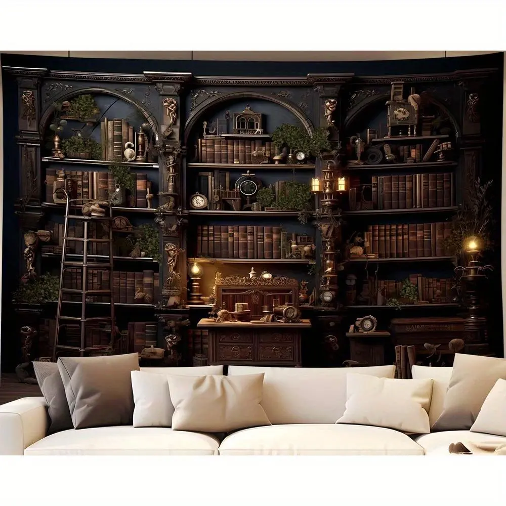 [Gothic Medieval Tapestry] Dark Academia Medieval Bookshelf Tapestry - Old Library Gothic Wall Decor - Study Room Student Office Bedroom Living Room Backdrop