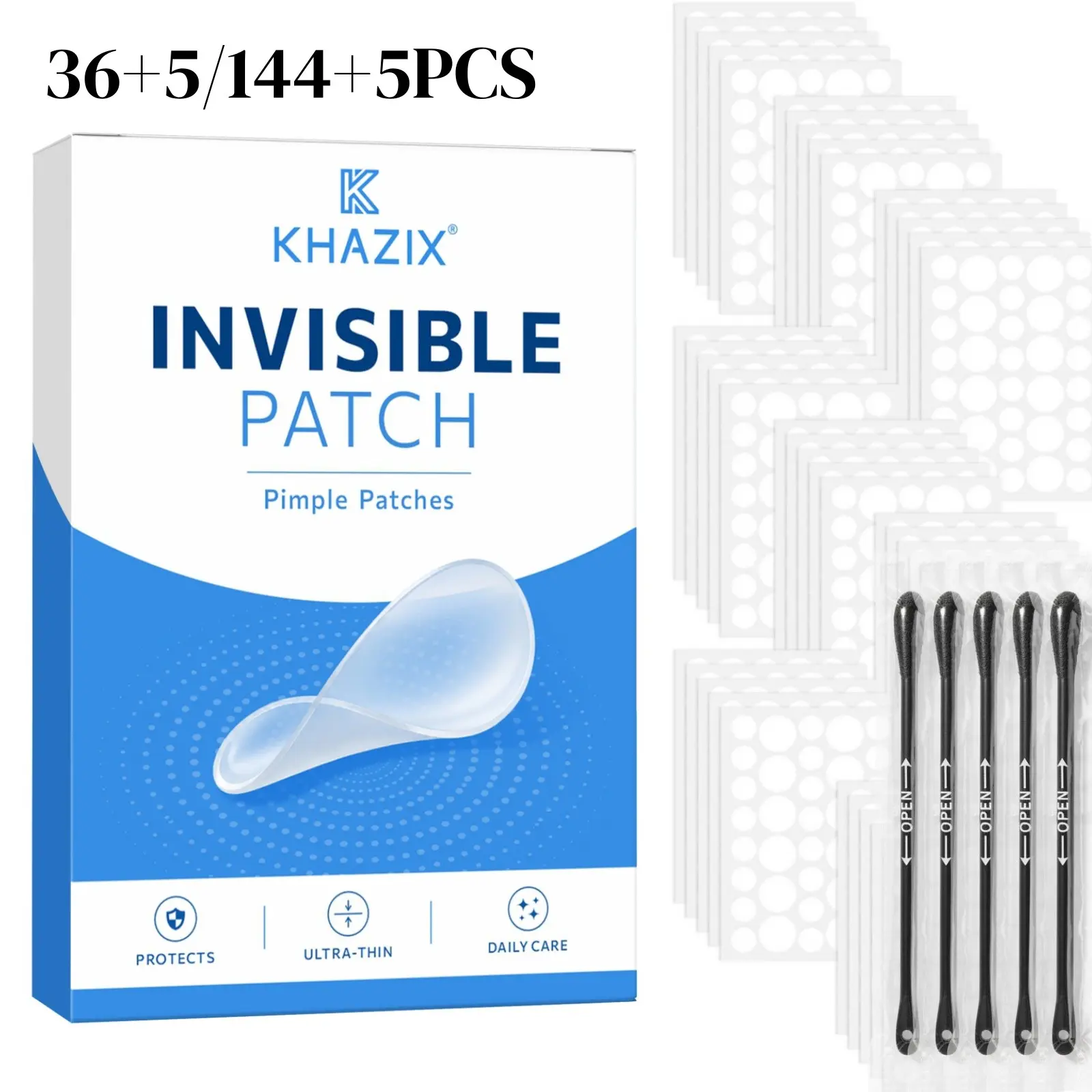 36/144 Pcs Hydrogel Acne Patches + 5 Cleansing Sticks, Invisible Transparent, Waterproof, Ultra-Thin, Daily Facial Care