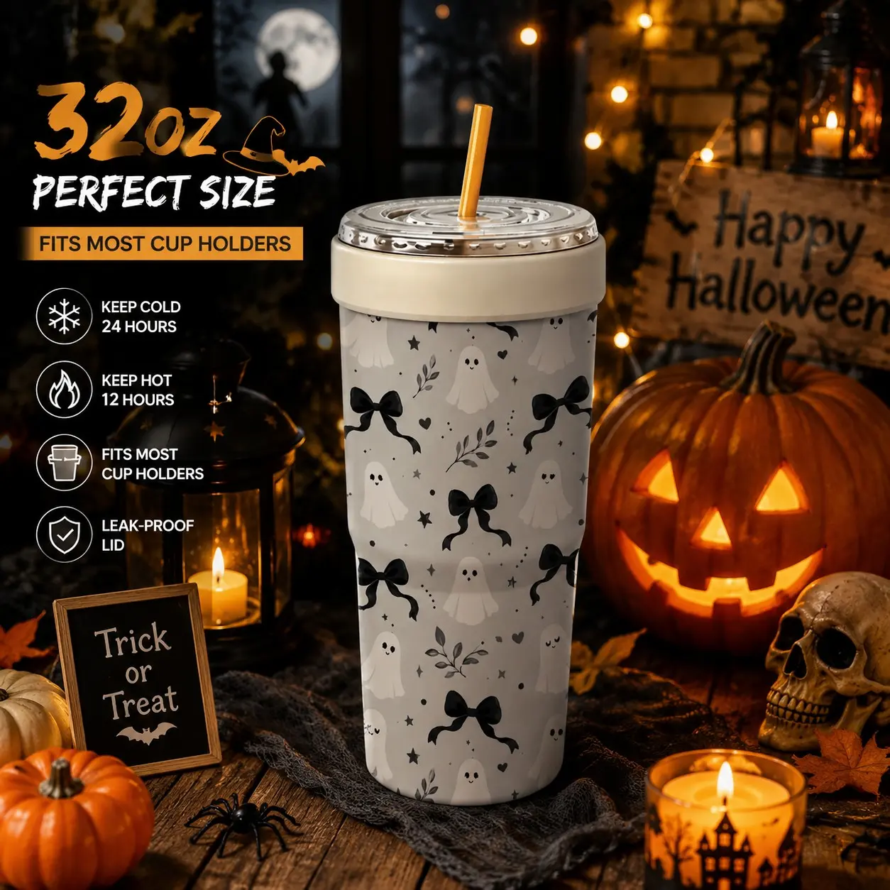 1 Pc 32oz Halloween Ghost & Black Cat Print 2-in-1 Insulated Can Cooler, Includes Tumbler Lid, Converts into a 32oz Travel Tumbler, Double Wall Vacuum Stainless Steel, Fits Most 16-24oz To-Go Coffee & Bubble Tea Cups, No Sweat, Perfect for Halloween, Chri