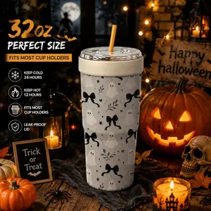 1 Pc 32oz Halloween Ghost & Black Cat Print 2-in-1 Insulated Can Cooler, Includes Tumbler Lid, Converts into a 32oz Travel Tumbler, Double Wall Vacuum Stainless Steel, Fits Most 16-24oz To-Go Coffee & Bubble Tea Cups, No Sweat, Perfect for Halloween, Chri