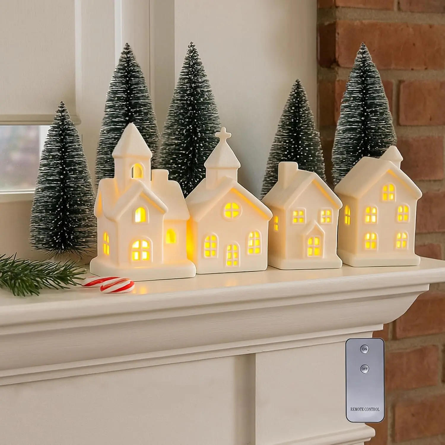 Handmade Ceramic Christmas Village 9-Piece Set - Rustic Decor with 4 Lighted Hollow House-Shape Pieces, Warm LED Candles, White Tabletop Centerpiece Gift for Colleagues, Glitter Accents