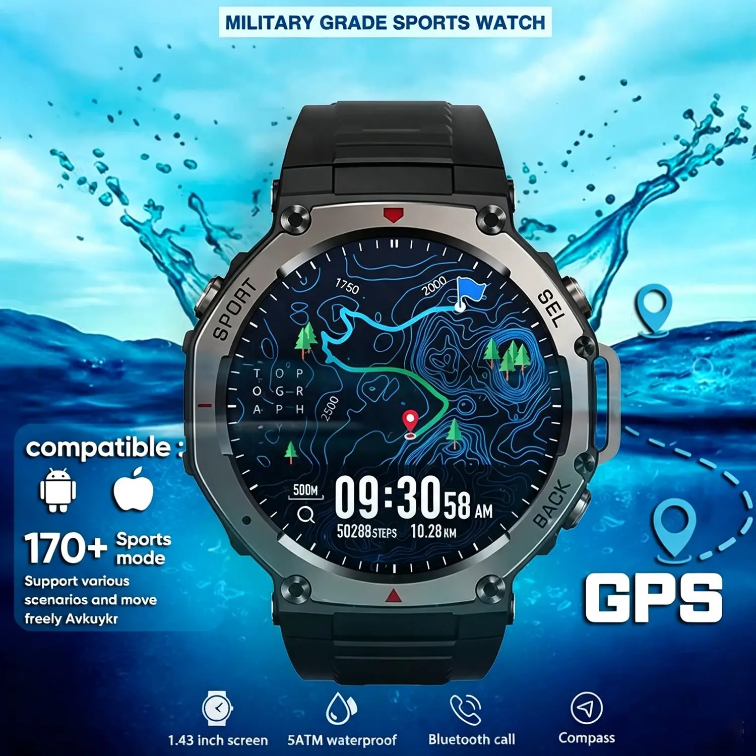 Smart Watch Men BT Call, 1.43inch Amoled Screen, 5atm Waterproof, Compass, GPS, Altitude, 170+ Sport Modes, Bluetooth-compatible Smartwatch