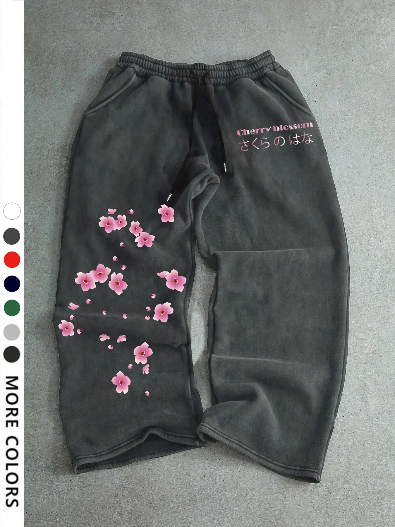 Japanese Cherry Blossom Print Vintage Sweatpants, Loose Straight Leg Wide Leg Dark Style Casual Streetwear Bottoms, Spring & Fall Fashion