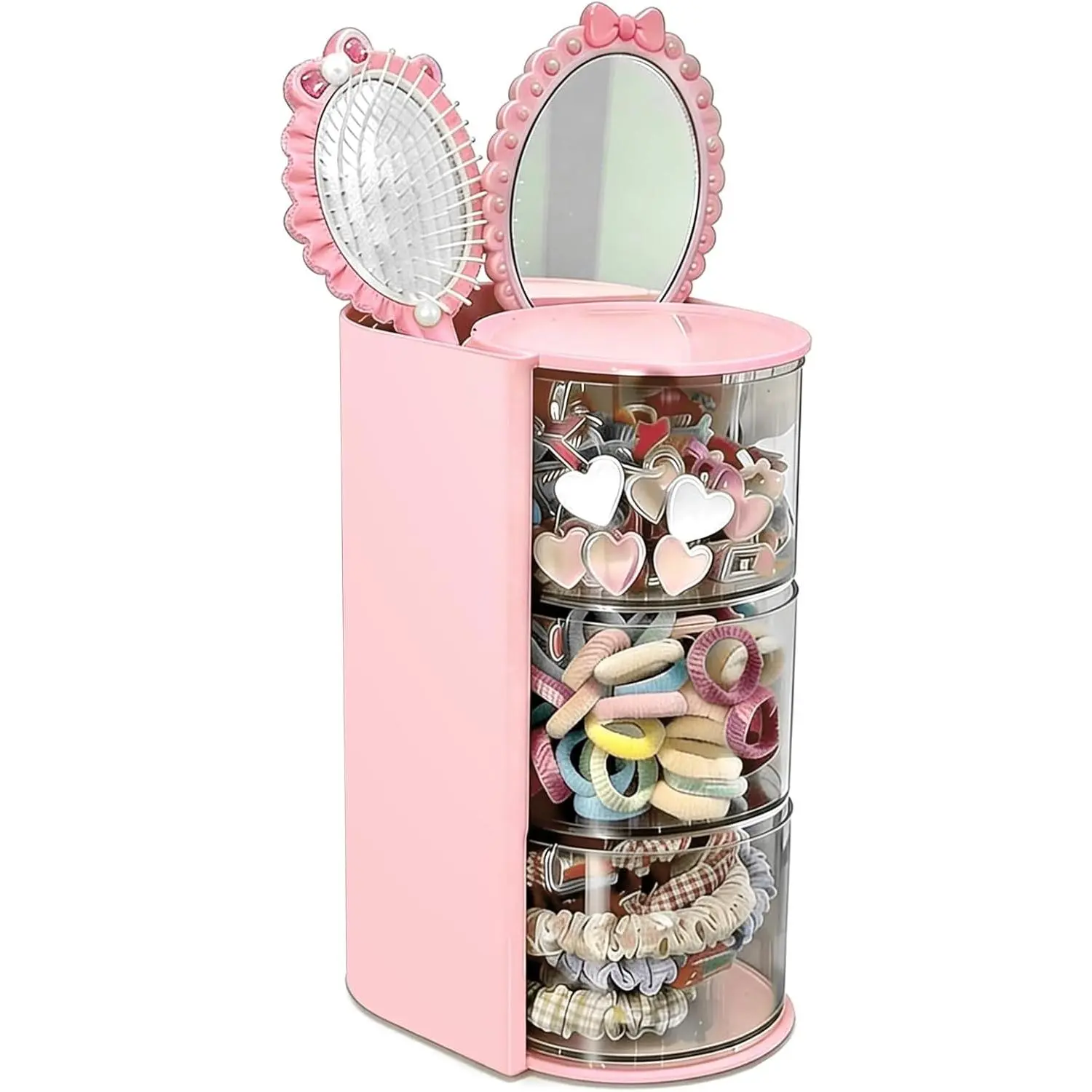 Hair Accessories Organizer With Hairbrush Holder, 3-Layer Clear Rotatable Hair Caddy And Brush Holder For Vanity, Holds Brushes, Ties, Bows, Clips & Jewelry Hair Tool Organizer Box(Pink)