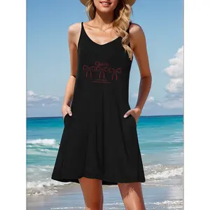1PC Women's new spring summer simple casual cami dress with pockets, featured with 2D flat print , made of machine washable slightly stretch fabric. Perfect for daily wear, parties, beach vacation, street shooting and dating.