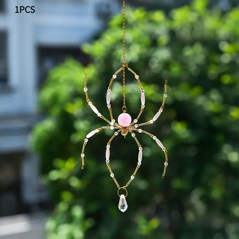 Handmade beaded spider sunlight catcher, pink crystal spider, can be hung on windows, in gardens, is an ideal home decoration for indoor and outdoor backyards, ceilings and rooms, a perfect Halloween gift
