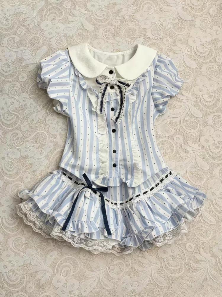 New Preppy Style Sweet Kawaii Blue Lovable Short Skirt Suit Fashion Pretty Slim Long Sleeve Doll Collar Striped Bow 2-piece Set