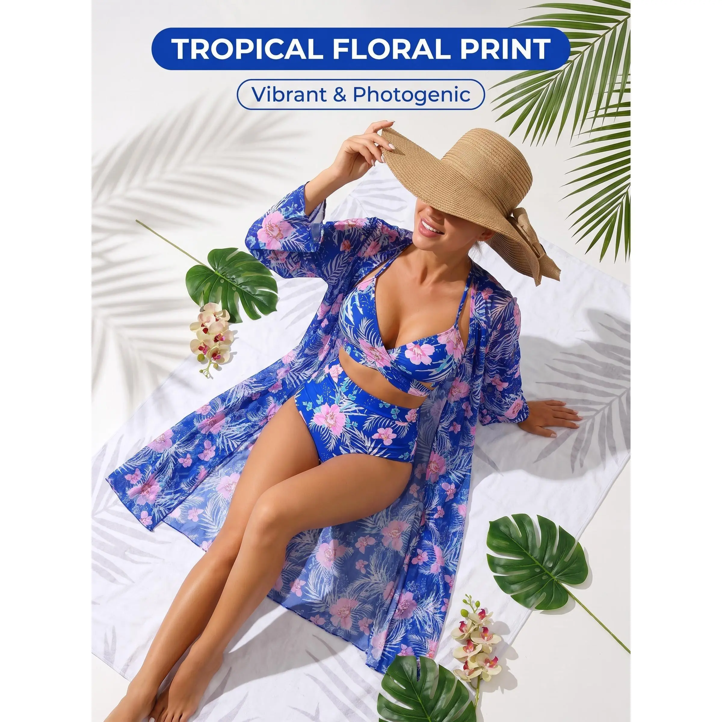 Women's 3-Piece Floral Print Bikini Sets, High-Waist Padded Push-Up Bikini, Quick Dry Chiffon Sheer Cover-Up, Blue Pink Print, Beach Swimwear for Summer Pool Vacation