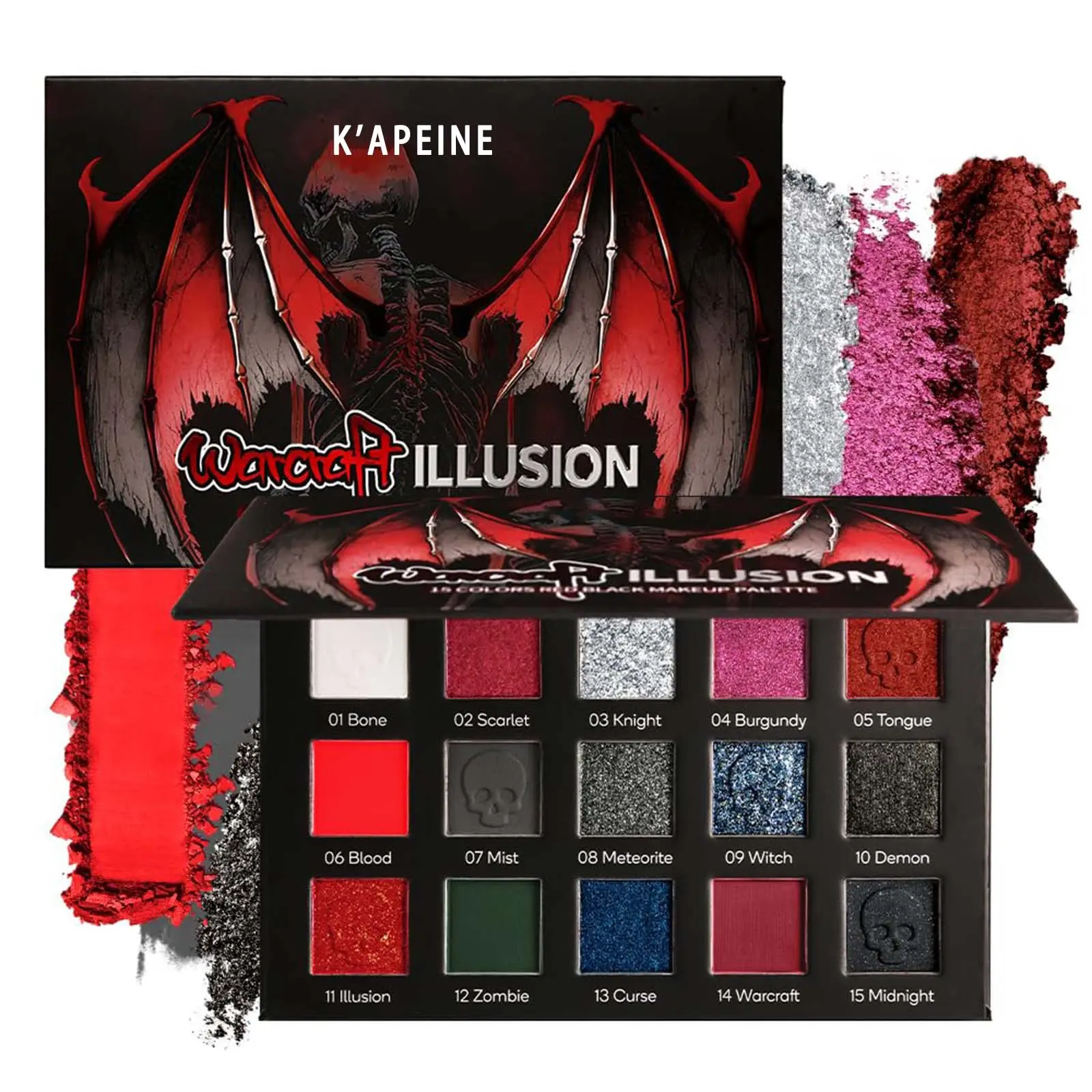 Red & black eyeshadow makeup palette with black-silver glitter. Burgundy smoky and creamy matte shades. Perfect for gothic, clown, vampire looks on Halloween and Christmas