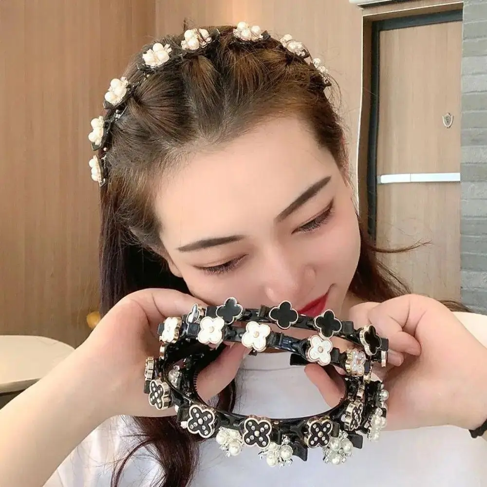 Flower & Pearl Hair Braiding Headband All-in-One Bangs Fixing Clip Lazy Styling Hairband Non-Slip Tooth Combs Hair Accessories for Women Girls