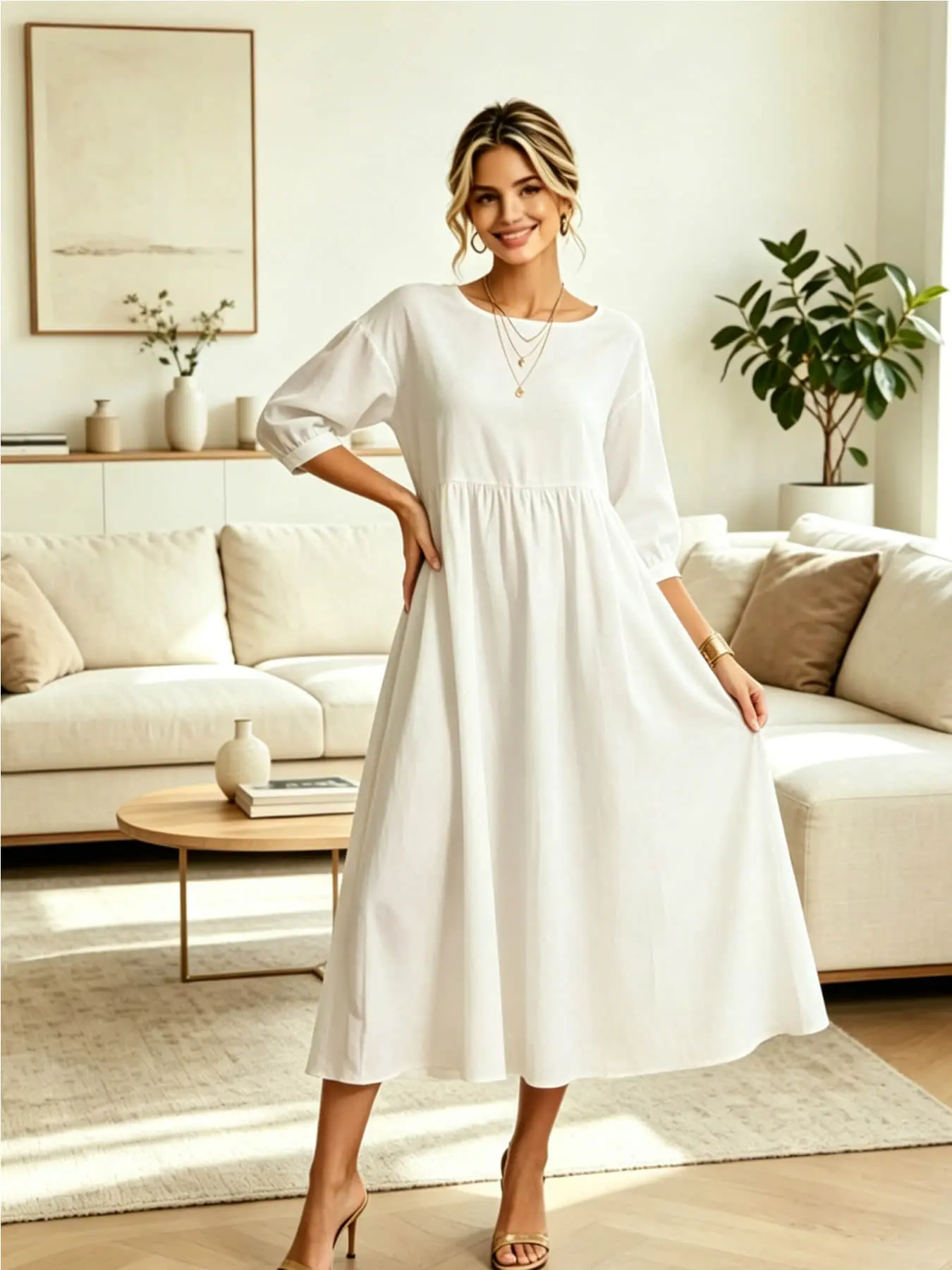 A fashionable French lazy style mid length dress with lantern sleeves, slimming and versatile casual skirt suitable for summer, suitable for daily home wear, suburban town travel, seaside vacation, afternoon tea, and shop exploration, Modest Summer Outfit