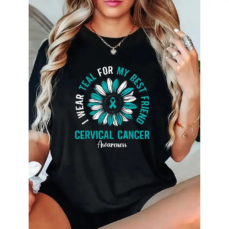 Women's 100% Cotton Round Neck Cervical Cancer Awareness T-Shirt - Unisex, Soft Breathable Fabric, Comfortable Fit, Eye-Catching Design, Casual Street Style Tee
