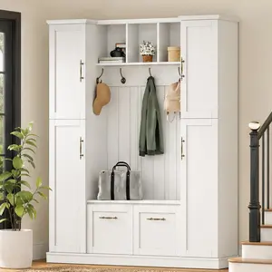 ARCH Farmhouse Hall Tree with Bench and 4 Side Cabinets, All-in-One Mudroom Storage Organizer with Adjustable Shelves, Open Cubbies, Beadboard Back, Coat Rack with 5 Hooks, Entryway Furniture for Hallway, White MDF, Multiple Color Options