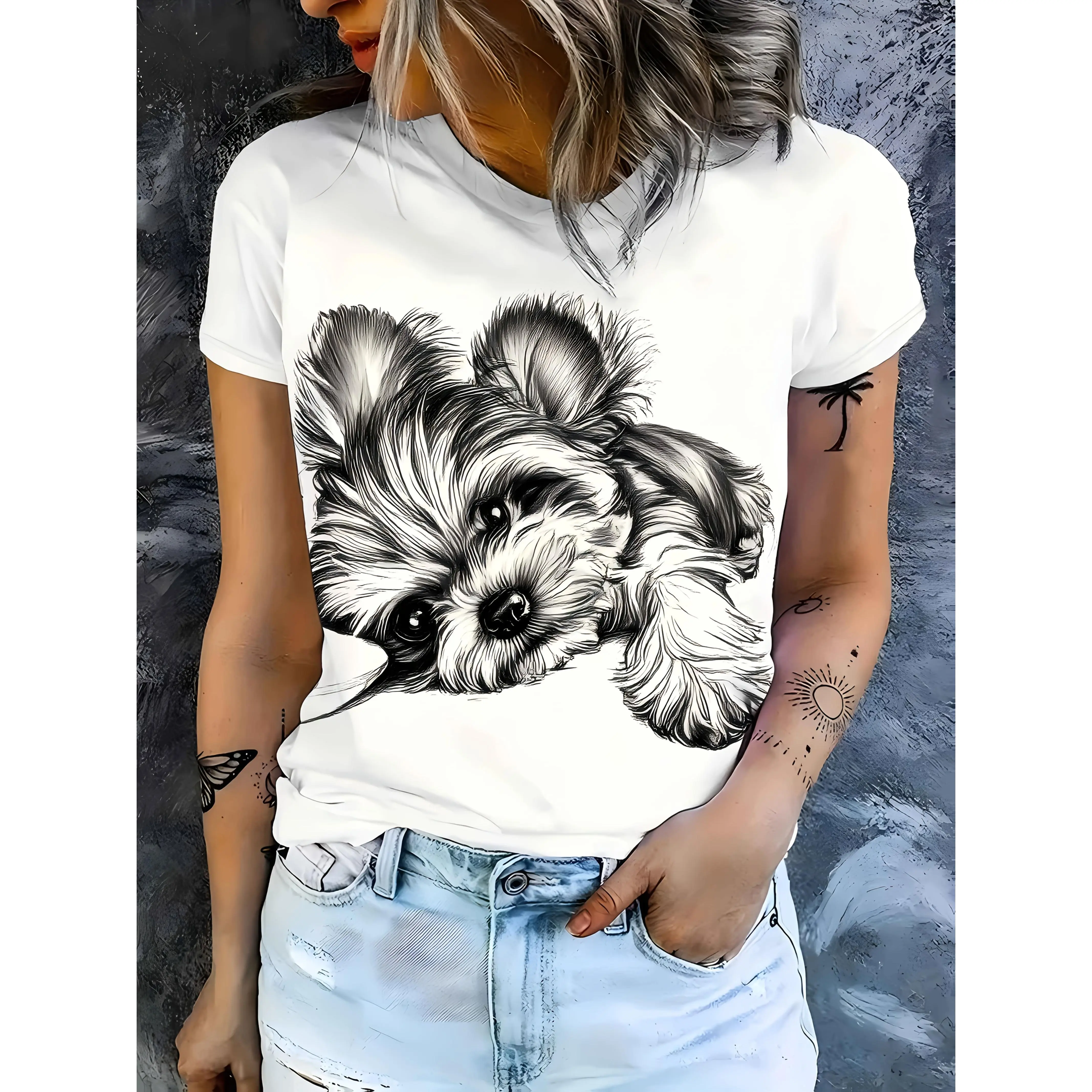 Women's Loose-Fit Short-Sleeve T-Shirt - Literary Sketch Yorkshire Terrier Print, Round Neck, Crew Neck, Elegant Polyester Tops, Shortsleeve, Loose-Fitting, Cute Yorkshire Terrier Pattern, Animal Theme, Relaxed Cut, Stretch Polyester