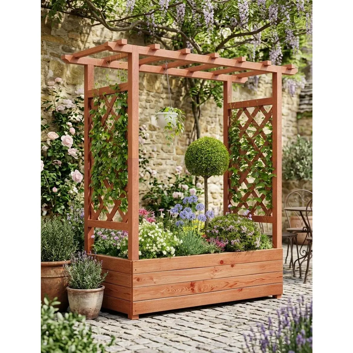 Elevated Wooden Raised Garden Bed with Trellis – 45 Inch Planter Box with Side Supports, Canopy & Drainage Holes – Ideal for Climbing Plants, Vines, Blossoms – Freestanding Design
