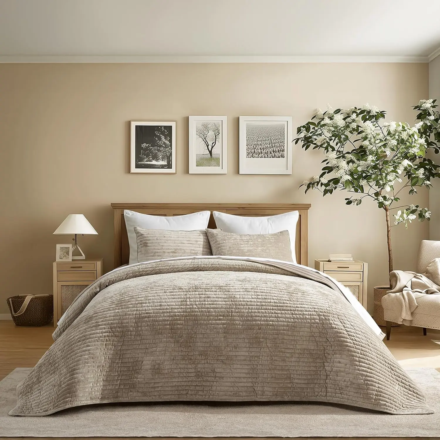 Luxury King Size Velvet Comforter Set - Striped Channel Bedding with 2 Matching Shams, Lightweight All-Season Oversized Polyester Fiber Bedspread, Soft Touch Beige Taupe for Bedroom Decor, Luxurious Look, Set Includes Core Pieces