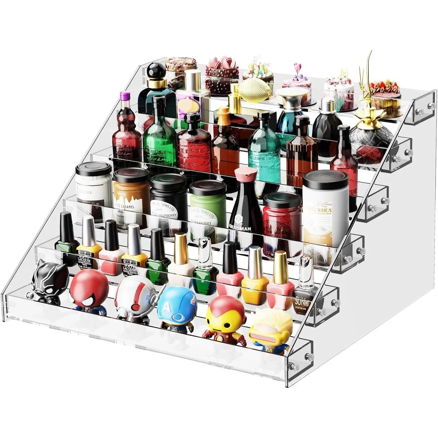 6 Tier Acrylic Tiered Display Stand Riser - Multipurpose Display Shelf Organizer for Perfume, Cupcake, Sticker, Card, Figure and Spice Display