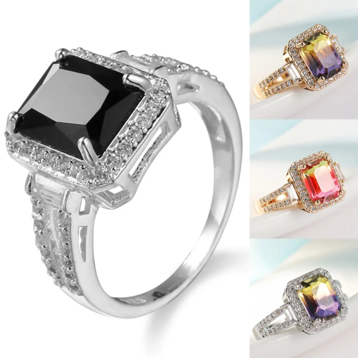 Women's Elegant Pave Band Ring in 925 Silver, Featuring a Radiant Cut Mystic Topaz with Black Spinel and Baguette Side Stones for Engagement, Elegant Ring, Rings