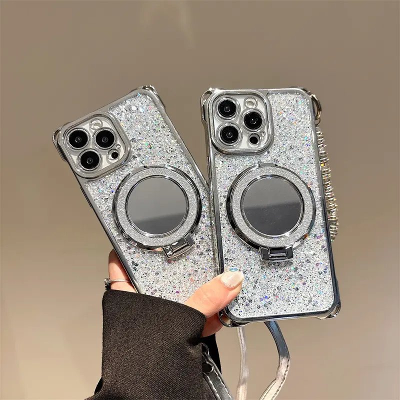 Compatible with iPhone 17 Pro Max 16 15 14 13 12 11, Glitter Mirror Stand Phone Case, Electroplated Cover With Crossbody Lanyard HNZ0800