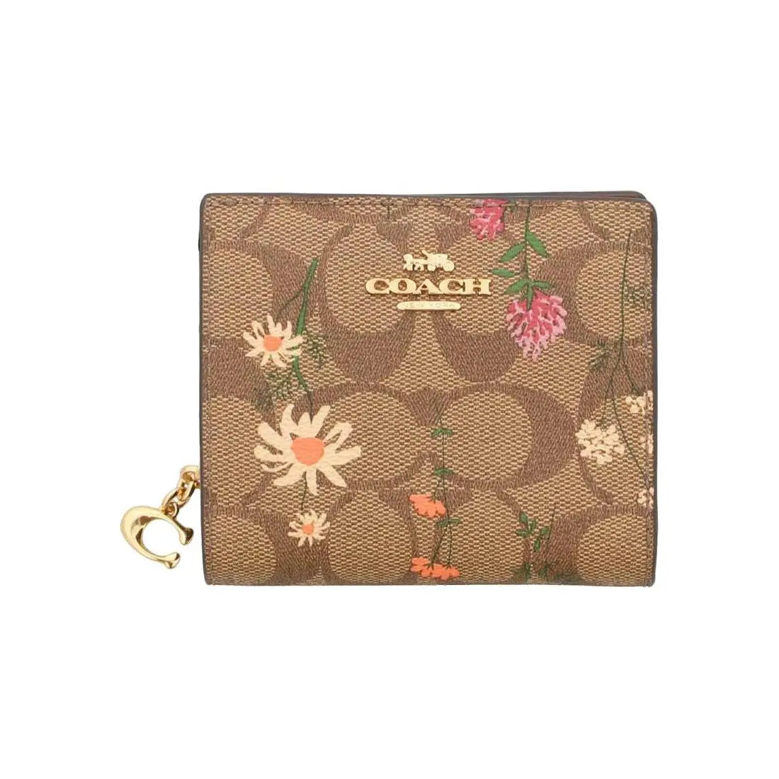 COACH Snap Wallet for Women – Classic Monogram Canvas with Wildflower Print, Two-Fold Mini Wallet