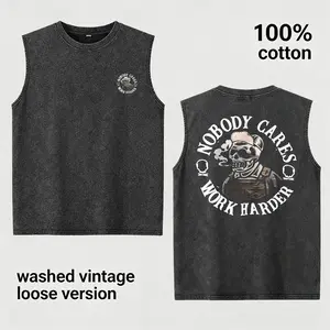 Vintage Washed Loose Men’s 100% Cotton Sleeveless Tank Top, Nobody Cares Work Harder Blue Collar Skull Double-Sided Graphic Muscle Vest, Distressed Retro Cut Off Sleeveless T-Shirt, Soft Breathable Grunge Streetwear, Ideal Gift For Boyfriend Husband Dad F