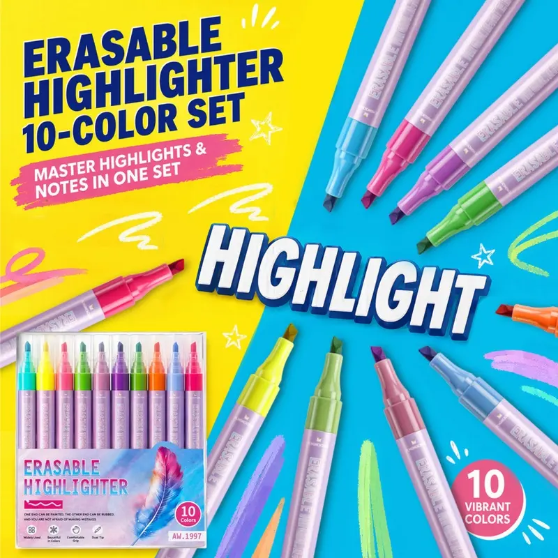 10 Colors Erasable Highlighters offer bright colors, smooth writing and a convenient erase function. The dual-tip design allows easy marking and correction, keeping notes neat and organized for books, schedules and paperwork.