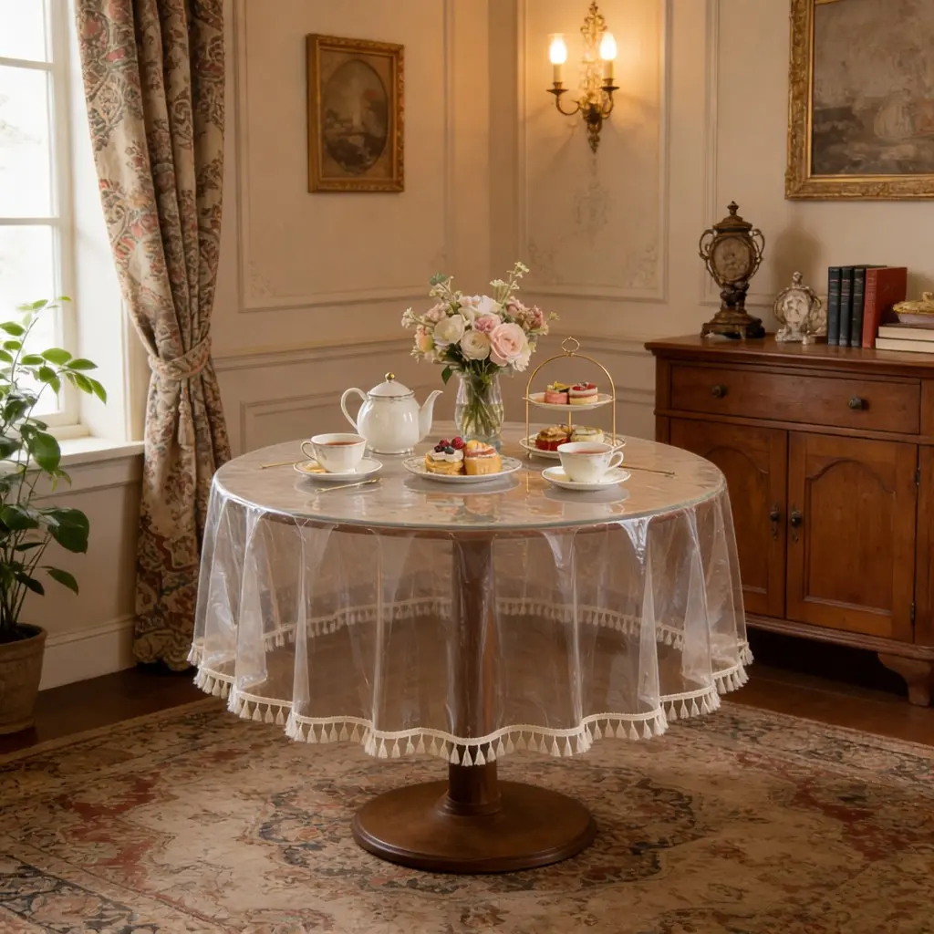 Elegant Transparent PVC Lace Tablecloth, Waterproof Round Dining Table Cover, PVC + Polyester Material, Ideal for Meals, Afternoon Tea, Weddings