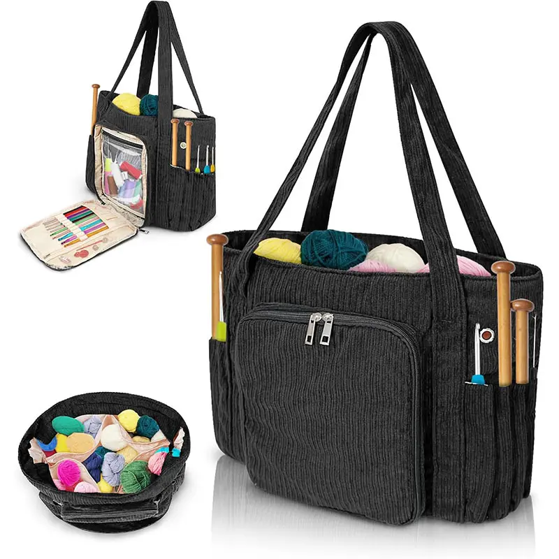 Soft Corduroy Crochet Tool Tote, Spacious DIY Knitting Yarn Handbag With Single Shoulder Strap. Versatile Fabric Craft Organizer Keeps Knitting Accessories Tidy, Great Household Storage Bag For Daily Handmade Weaving And On-The-Go Craft Work.