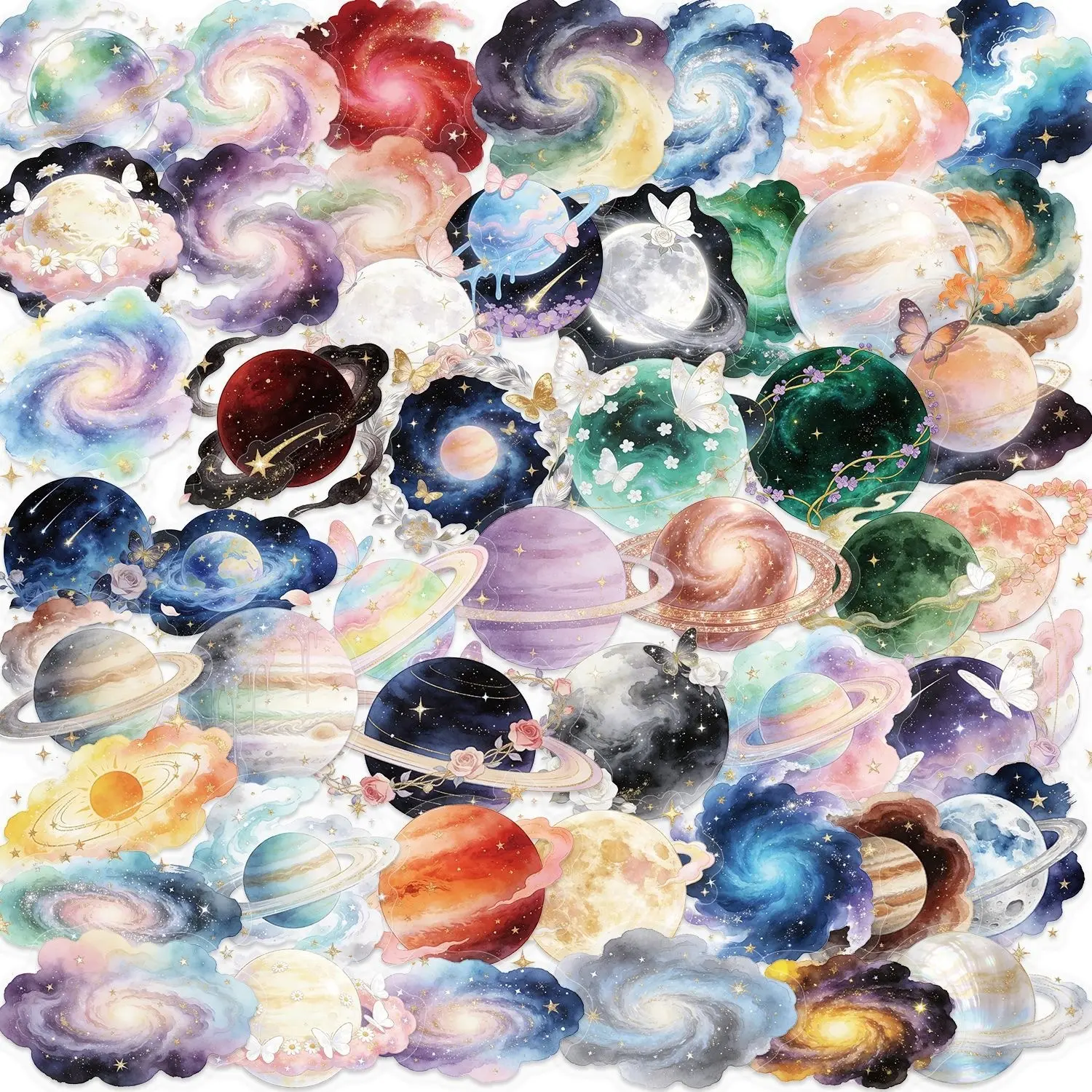 50 Sheets Cartoon Galaxy Star Sticker Pack, Waterproof Transparent Pet, Journal Decor, Guitar Notebook, Flat Stickers, Handmade Material