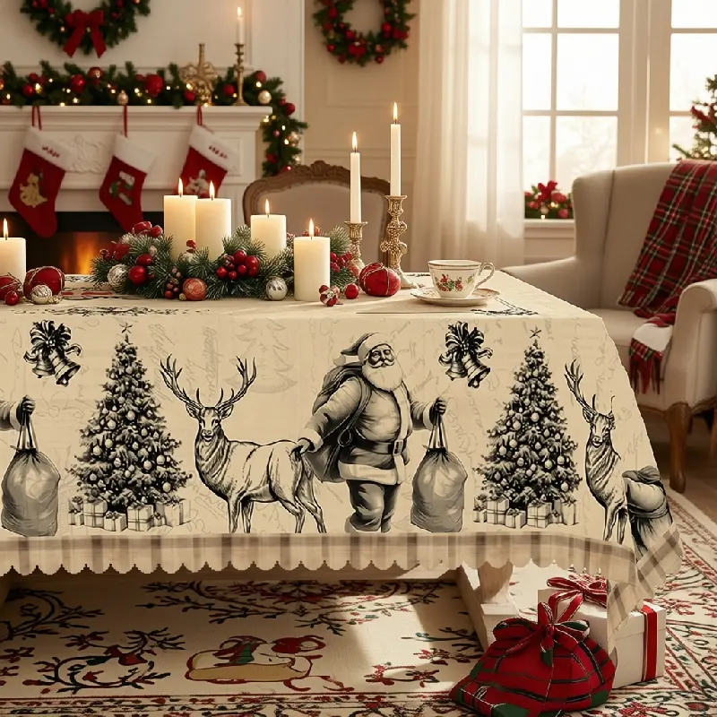 Black and White Christmas Tablecloth with Santa, Reindeer, Christmas Trees, Bells and Gift Sacks, Vintage Winter Theme, Round, Rectangular and Oval 60in Covers for Dining Rooms, Restaurants, Parties and Family Dinners polyester, washable, clearance sale