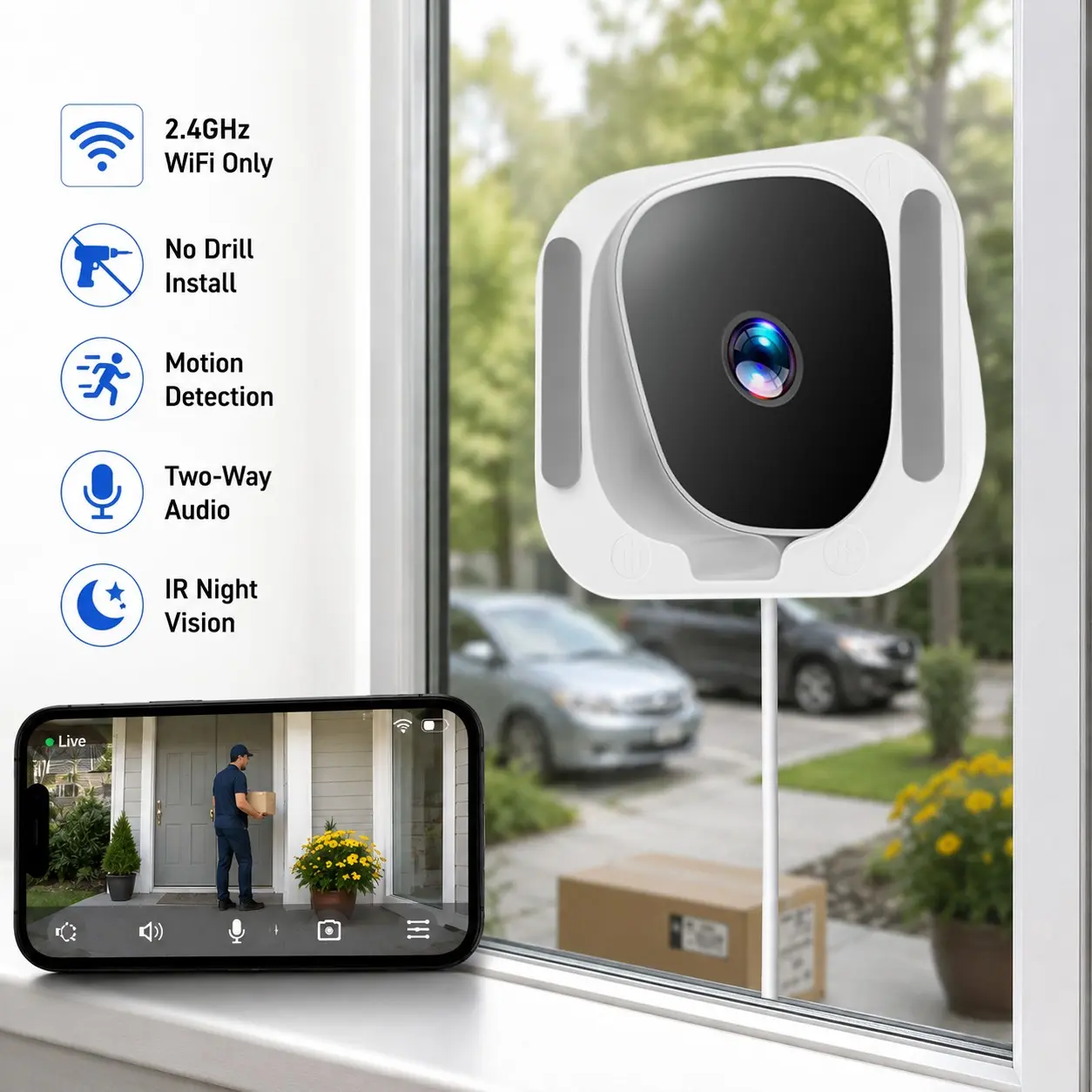 Window Security Camera, Indoor 2.4GHz WiFi Camera with Motion Detection, Two-Way Audio and IR Night Vision, Ideal for Front Door, Package and Pet Monitoring