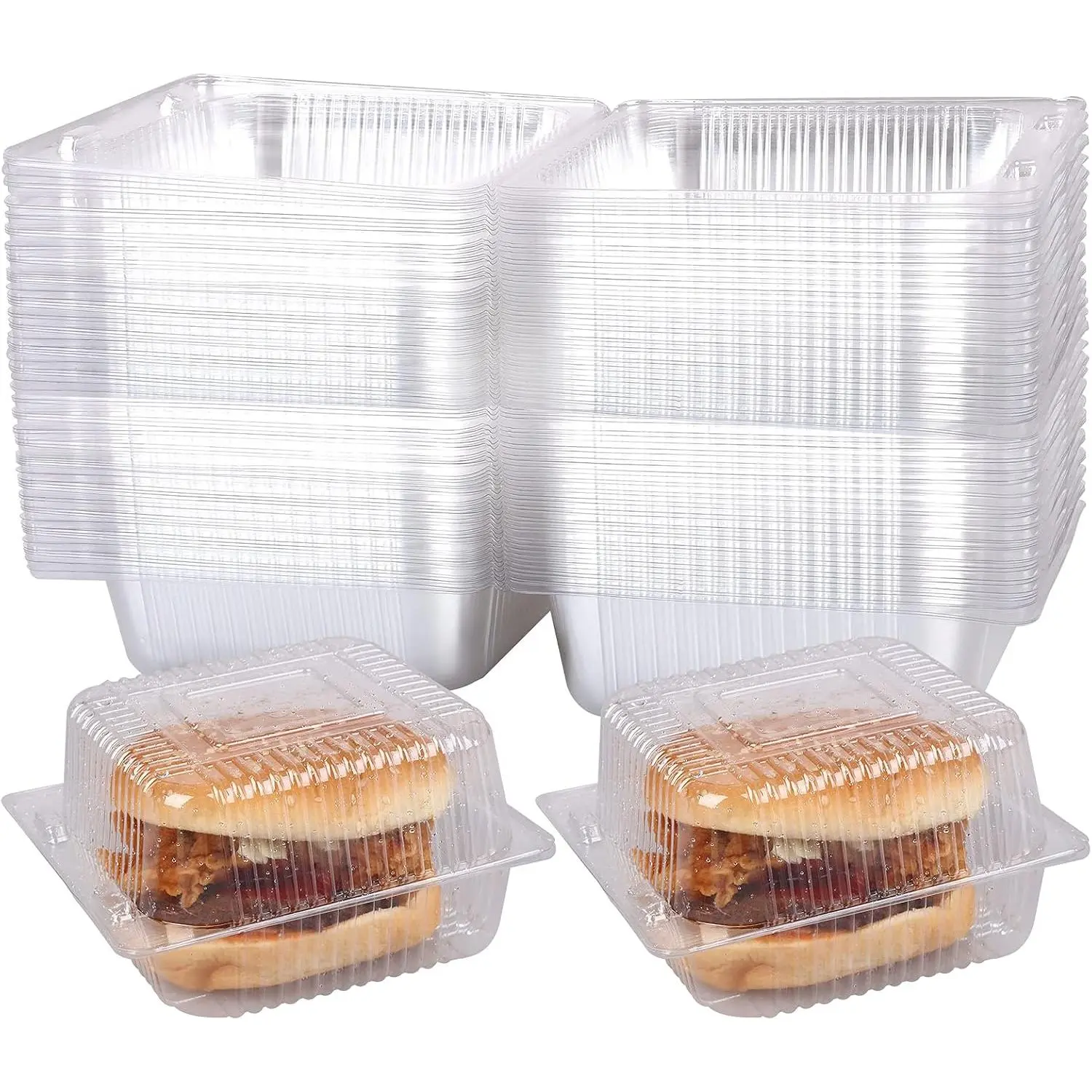 100 count 5x5 Inch Clamshell Take Out Tray Take Out Containers Plastic Hinged  Containers Disposable Takeout Box Transparent Carry Out Container to Go Box for Restaurants Delivery Takeout