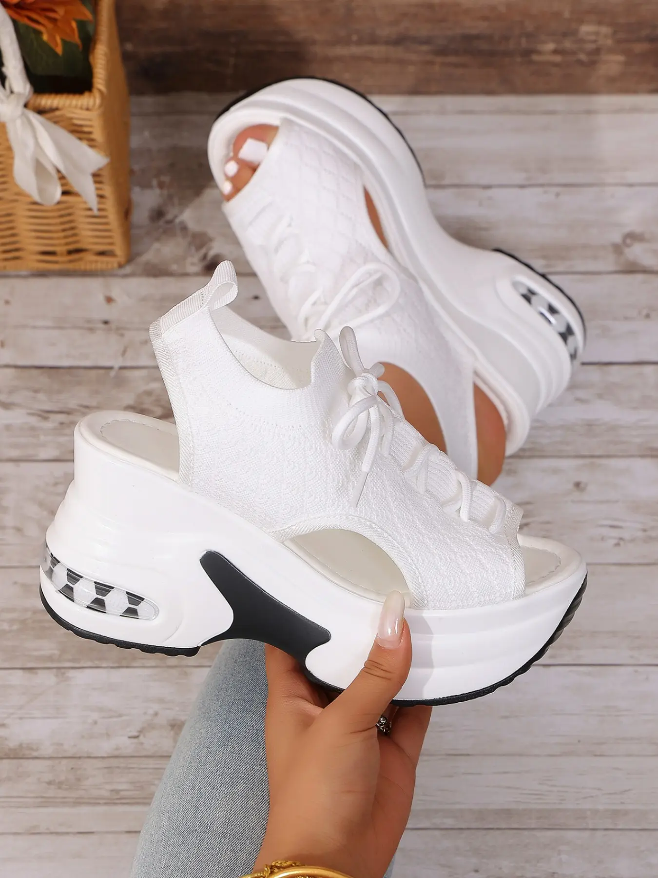 Summer New Flyknit Breathable Fish Mouth Casual Comfy Sandals, Women's Tie Strap Thick Sole Cushion Wedge Shoes, Inner Height Increase Peep Toe Sports Sandals
